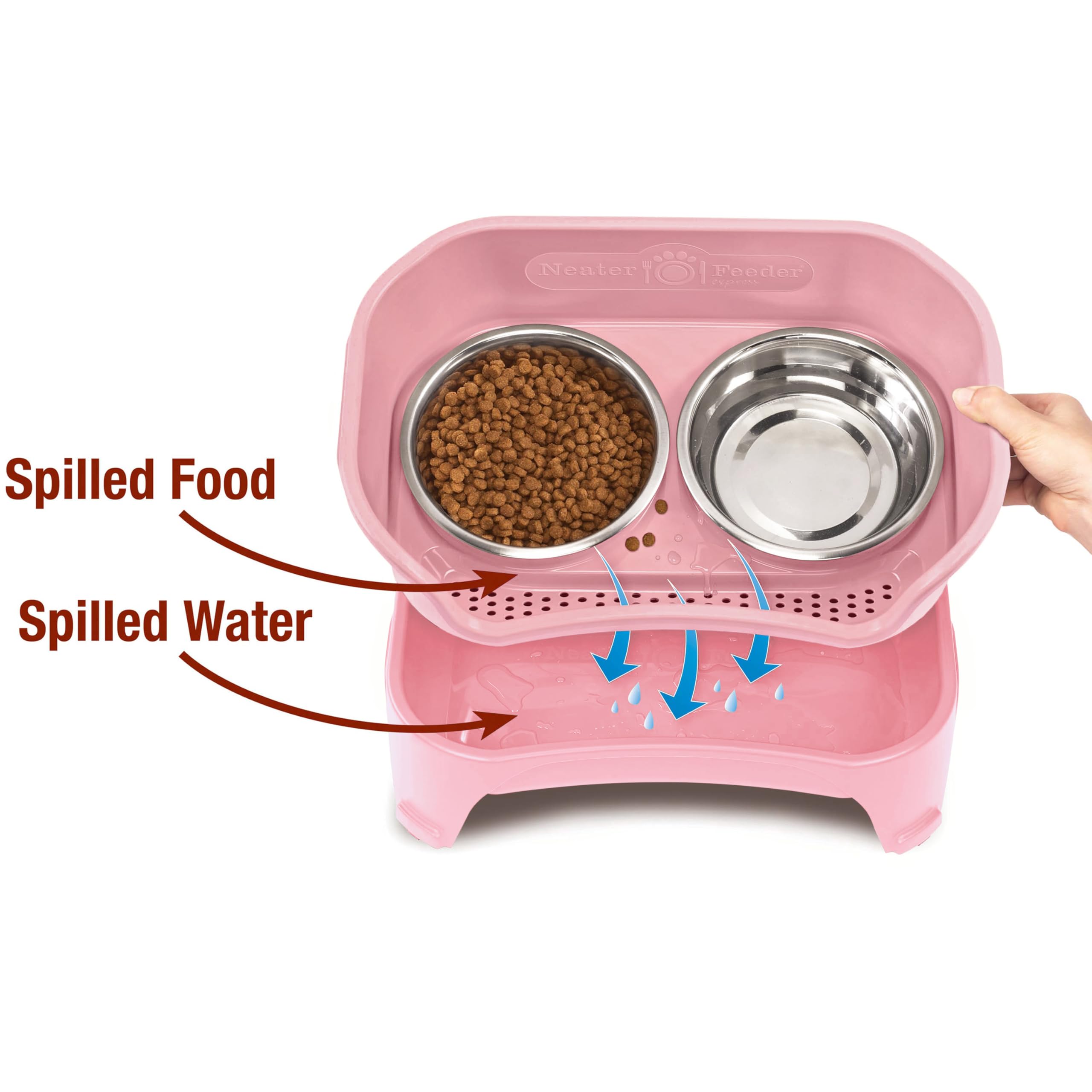 Neater Feeder Express pink catch basin keeps spills contained and floors clean.