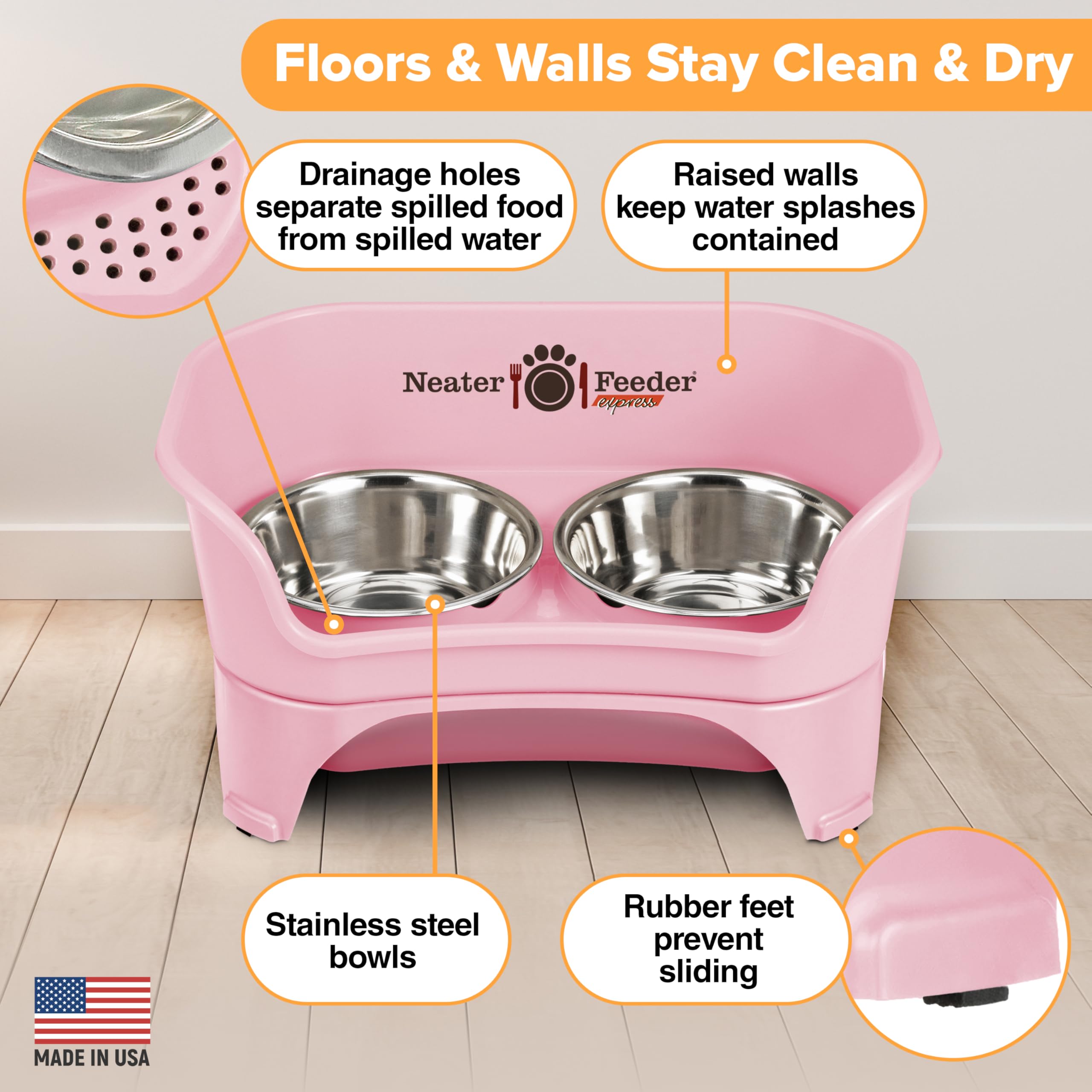 Neater Feeder Express pink elevated stand helps reduce neck strain during meals.