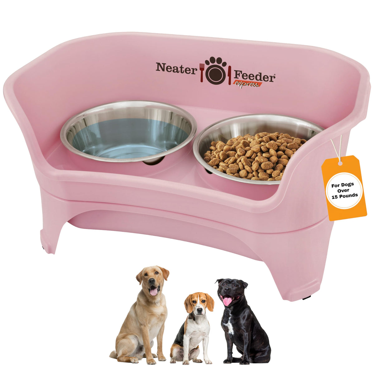 Neater Feeder Express pink setup demonstrates a tidy raised feeding station for mess-free meals.