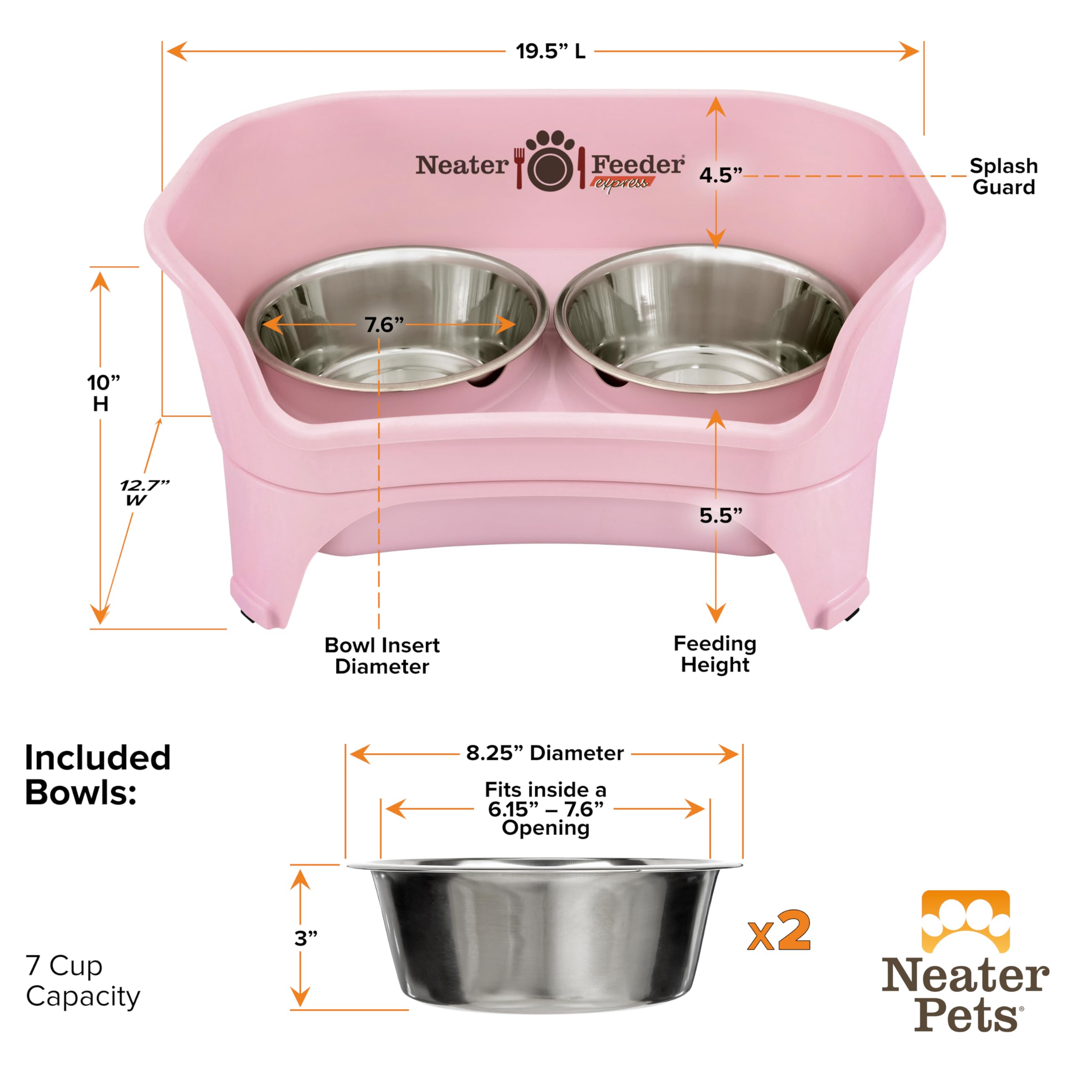 Neater Feeder Express pink spill-proof design reduces mess during feeding.