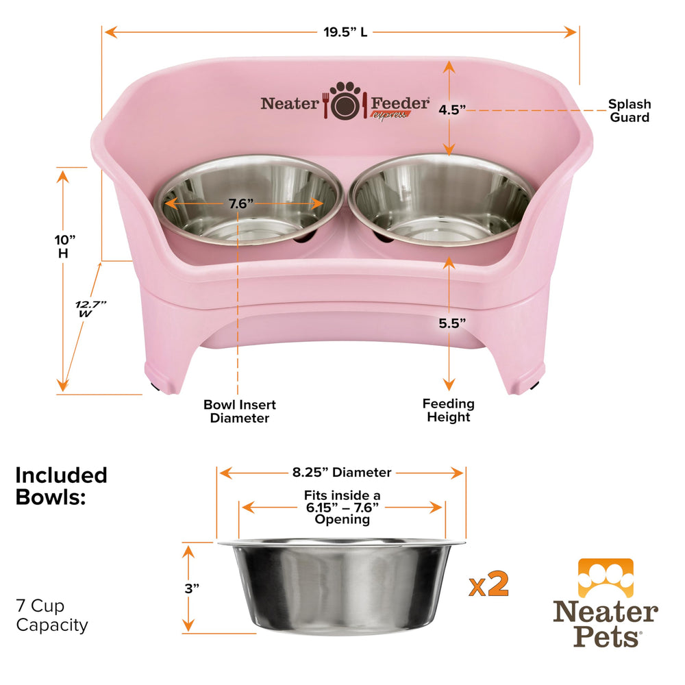 Neater Feeder Express pink spill-proof design reduces mess during feeding.