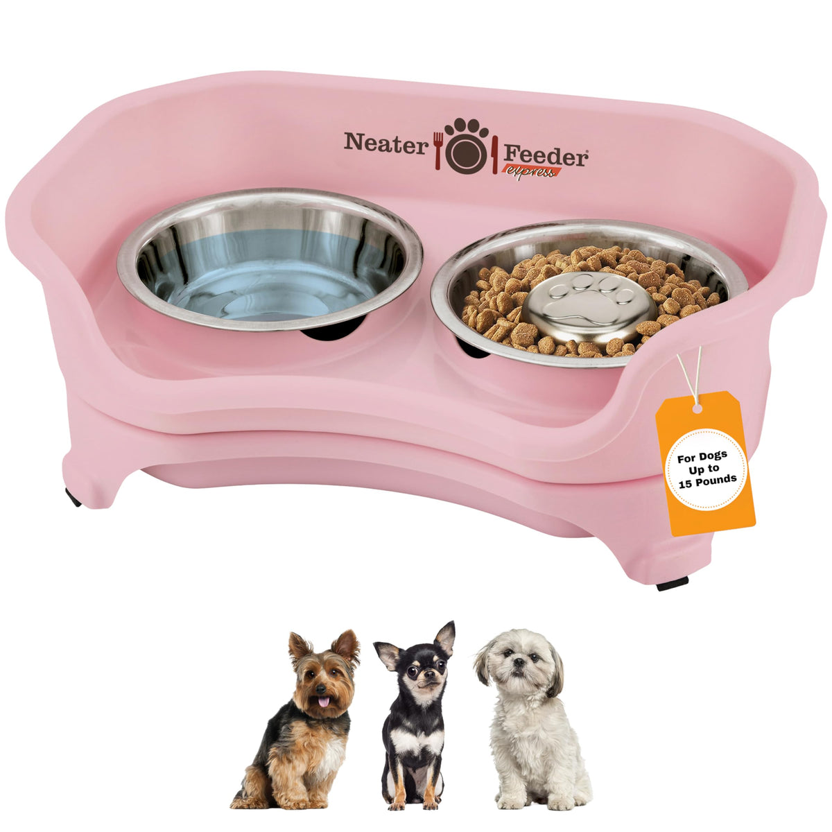 Neater Feeder Express pink stand shows the mess-proof design for small dogs