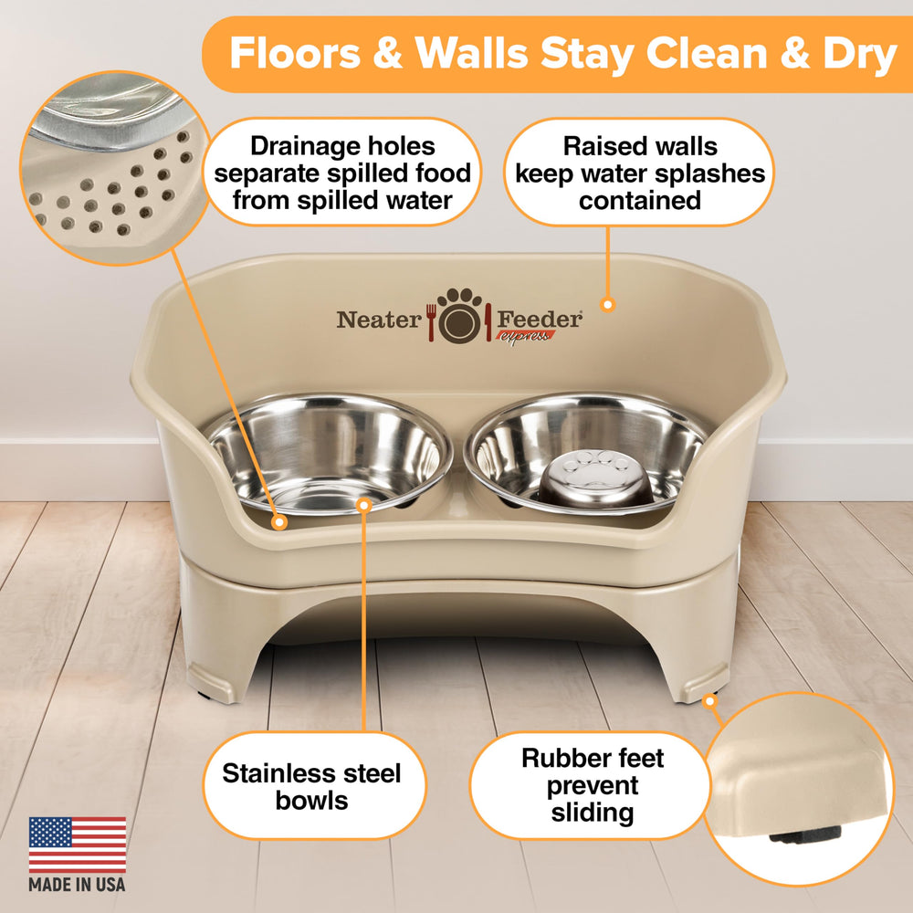 Neater Feeder Express raised stainless bowls showcase durable, easy-to-clean design.