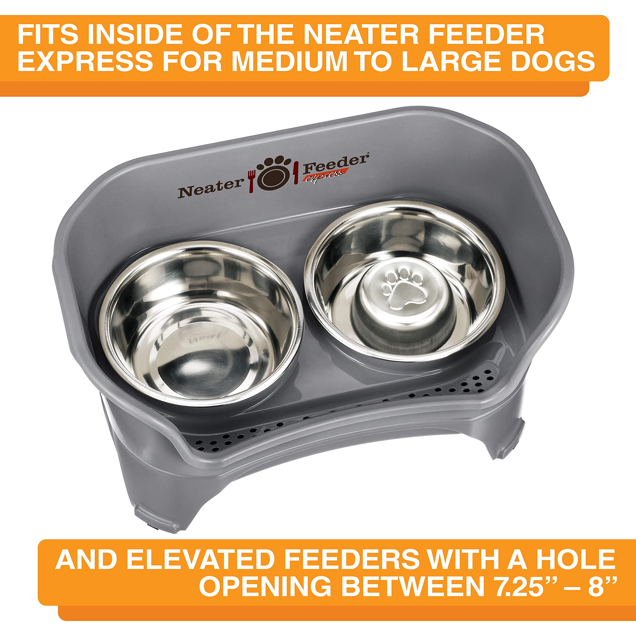 Neater Pet Brands 8-inch diameter bowl fits standard raised feeder openings.