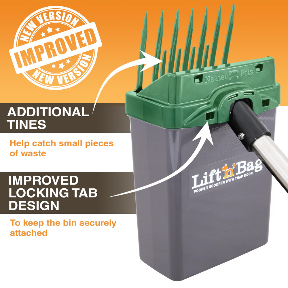 Neater Pet Brands Lift N’ Bag 2.0 compact bin dimensions fit tight spaces in the yard.