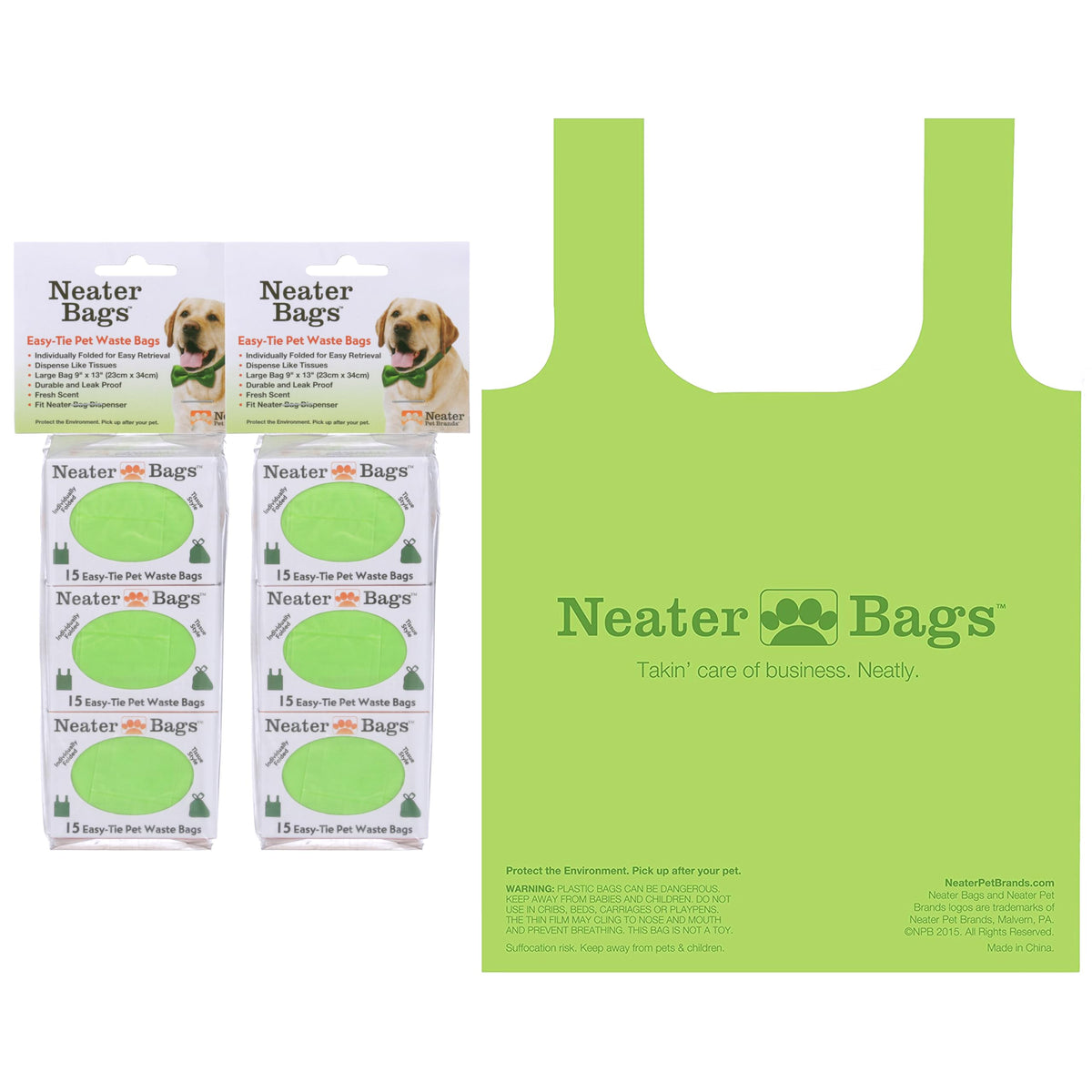 Neater Bags dispensing box shows tissue-like one-at-a-time access for quick pet waste pickup.