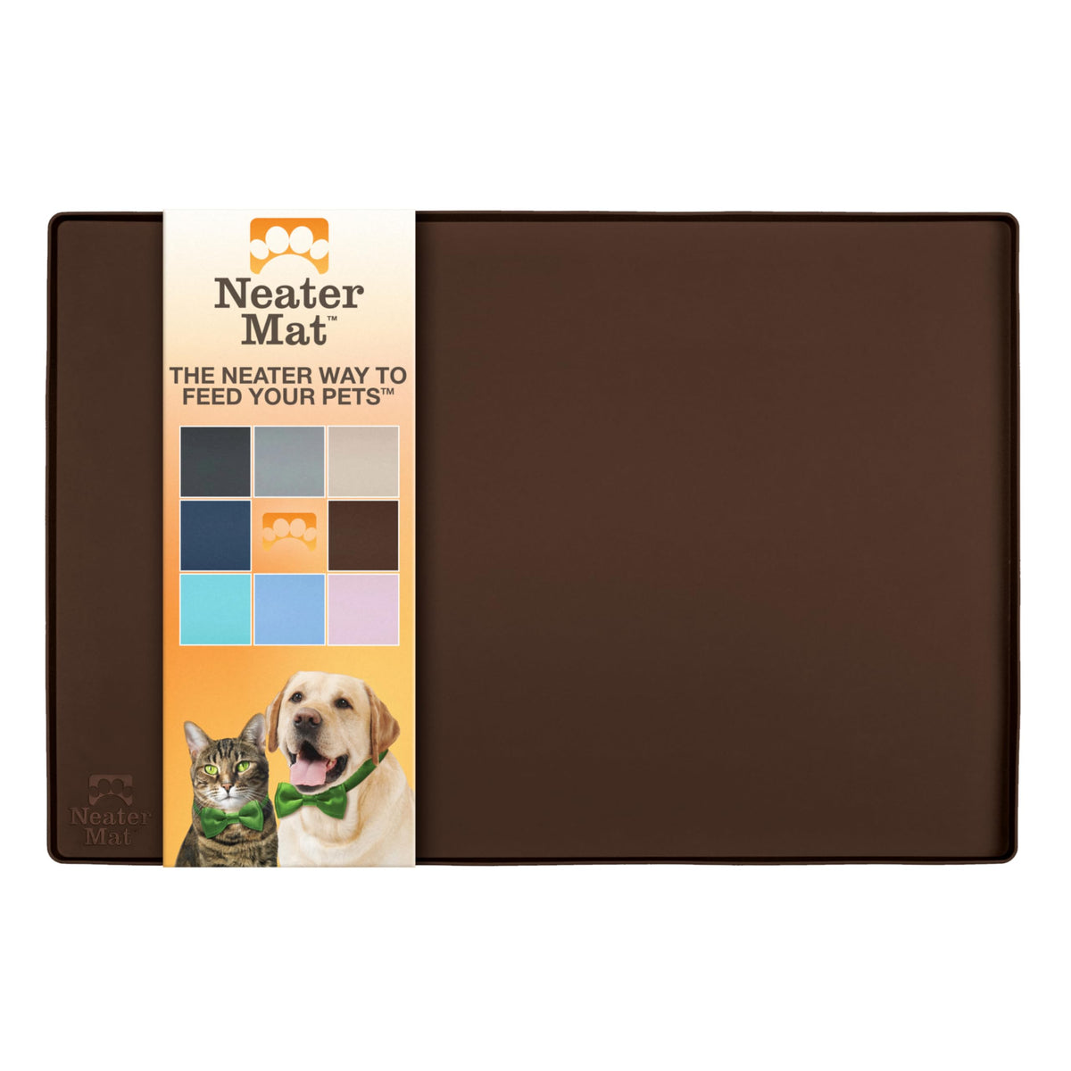 Neater Pet Brands Neater Mat under two bowls prevents floor spills.
