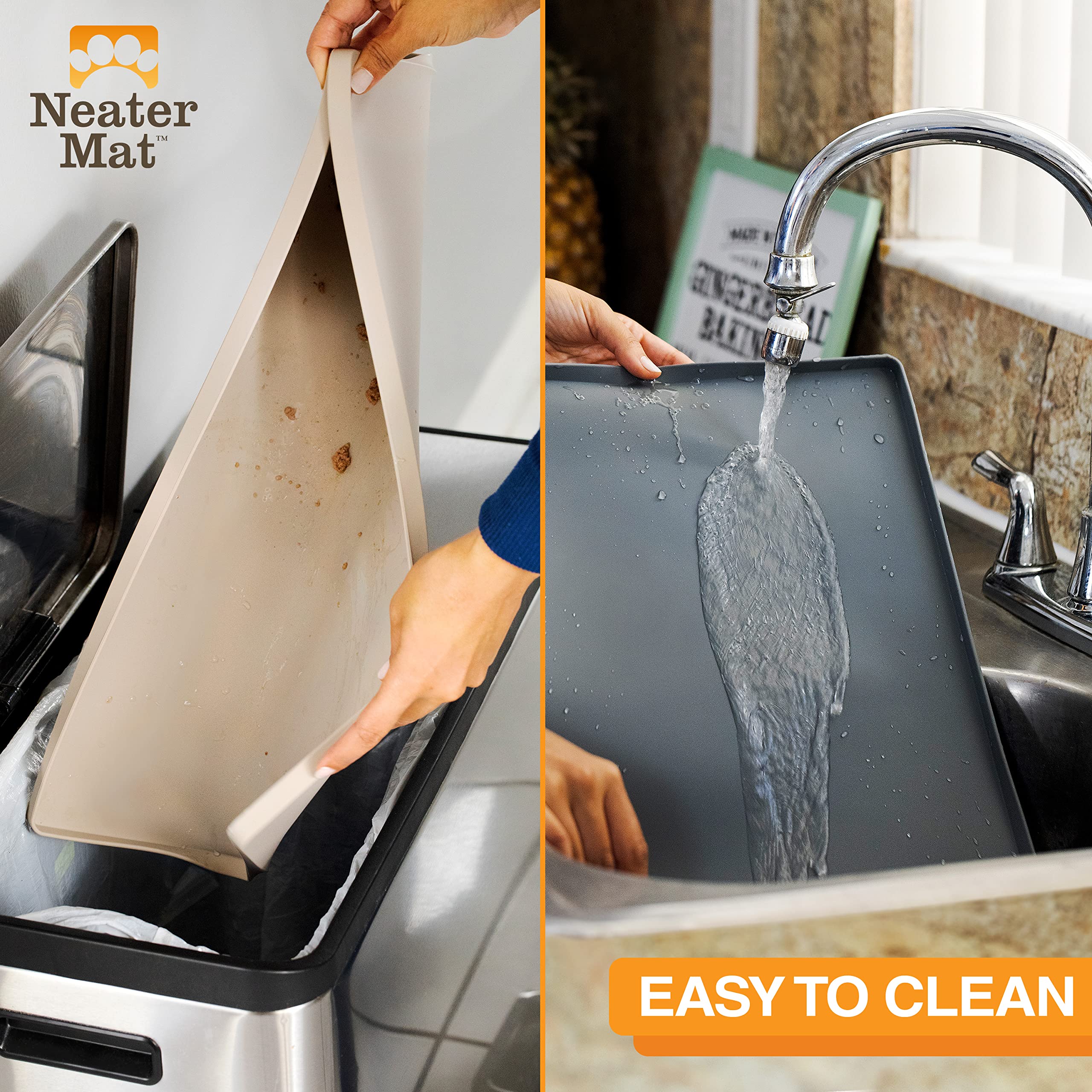 Neater Mat easy to clean wipe rinse or dishwasher safe.