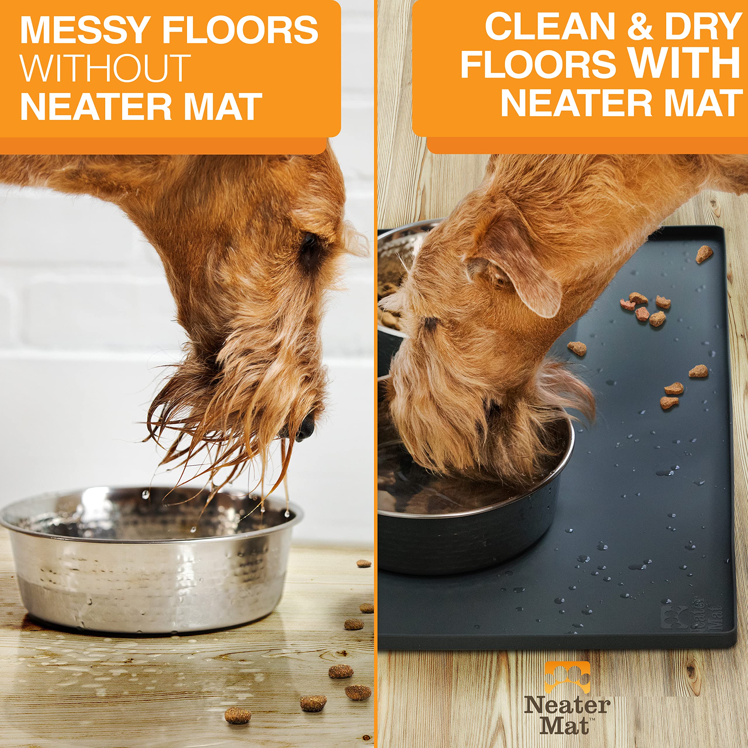 Neater Mat fits two small to medium bowls for dogs or cats