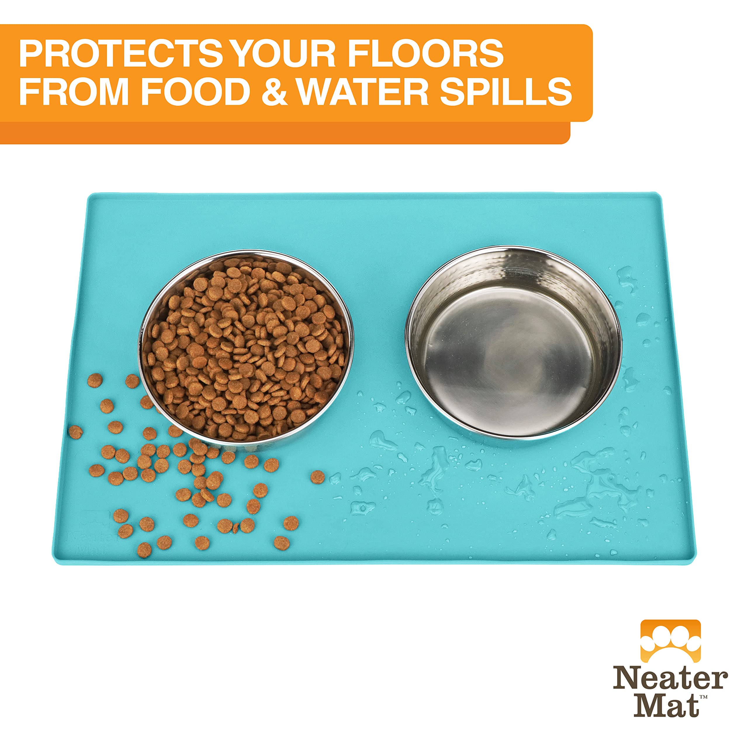 Neater Mat Aquamarine silicone stays waterproof and protects floors during meals.