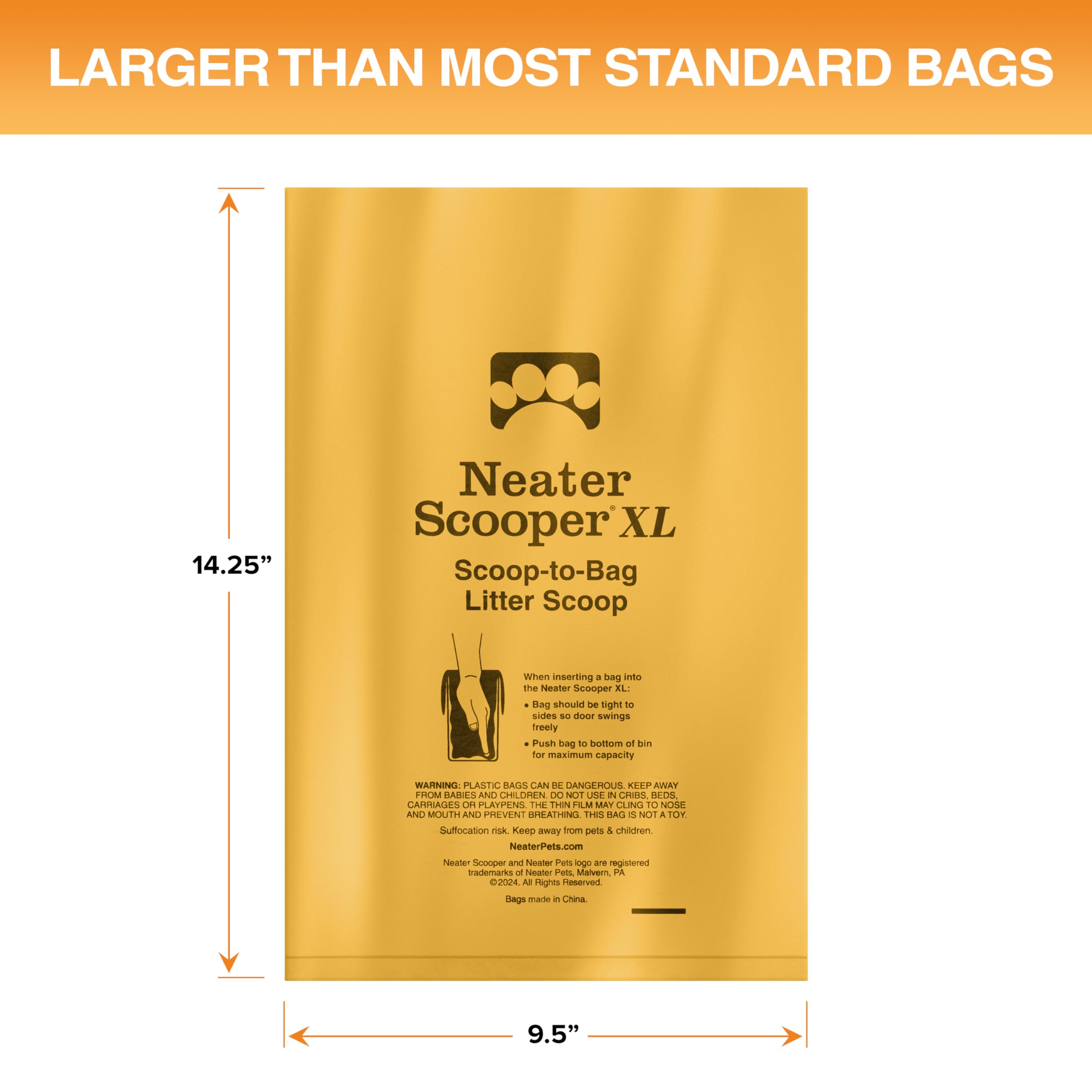 Neater Pet Brands Neater Scooper XL bags measure 14.25 by 9.5 inches for extra capacity.