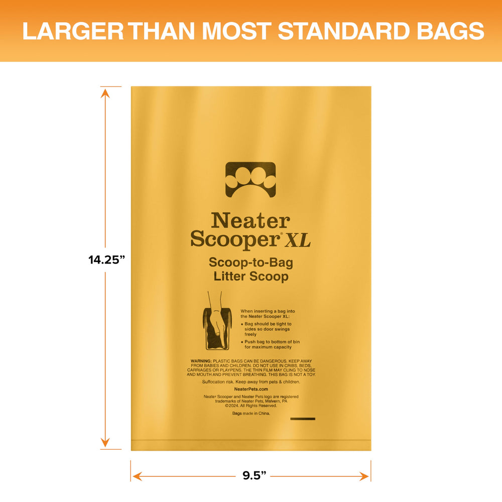 Neater Pet Brands Neater Scooper XL bags measure 14.25 by 9.5 inches for extra capacity.