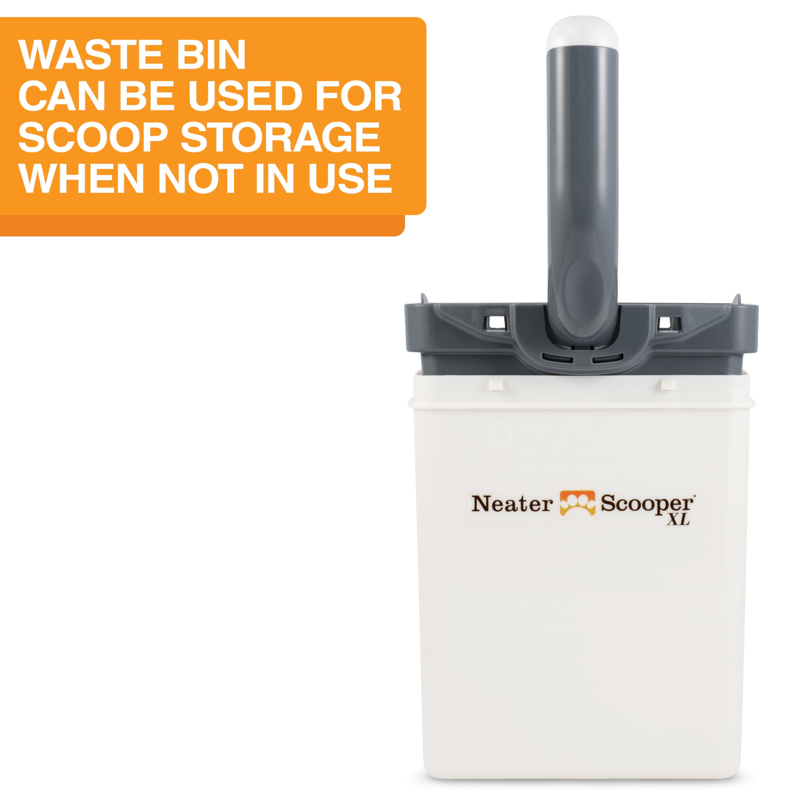 Neater Scooper XL litter scoop stores neatly inside the bin.