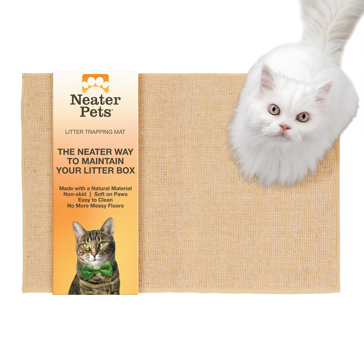 Neater Pets jute cat litter trapping mat front-of-box traps kicked litter for clean floors.