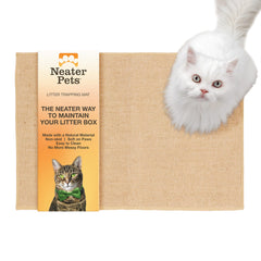 Neater Pets jute cat litter trapping mat front-of-box traps kicked litter for clean floors.