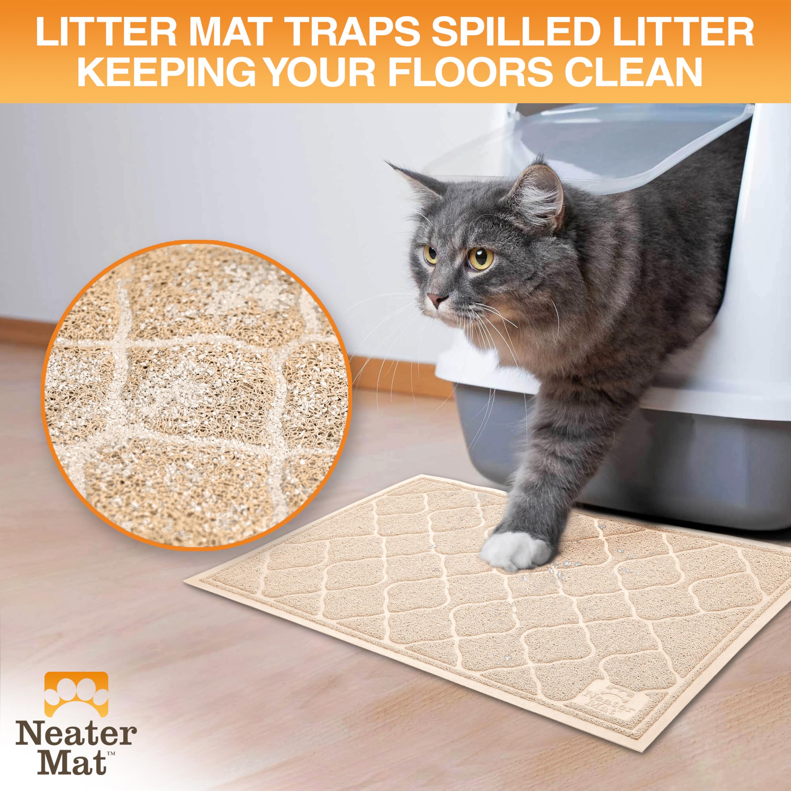 Neater Pets Neater Mat deep grooves capture litter for easy cleanup.