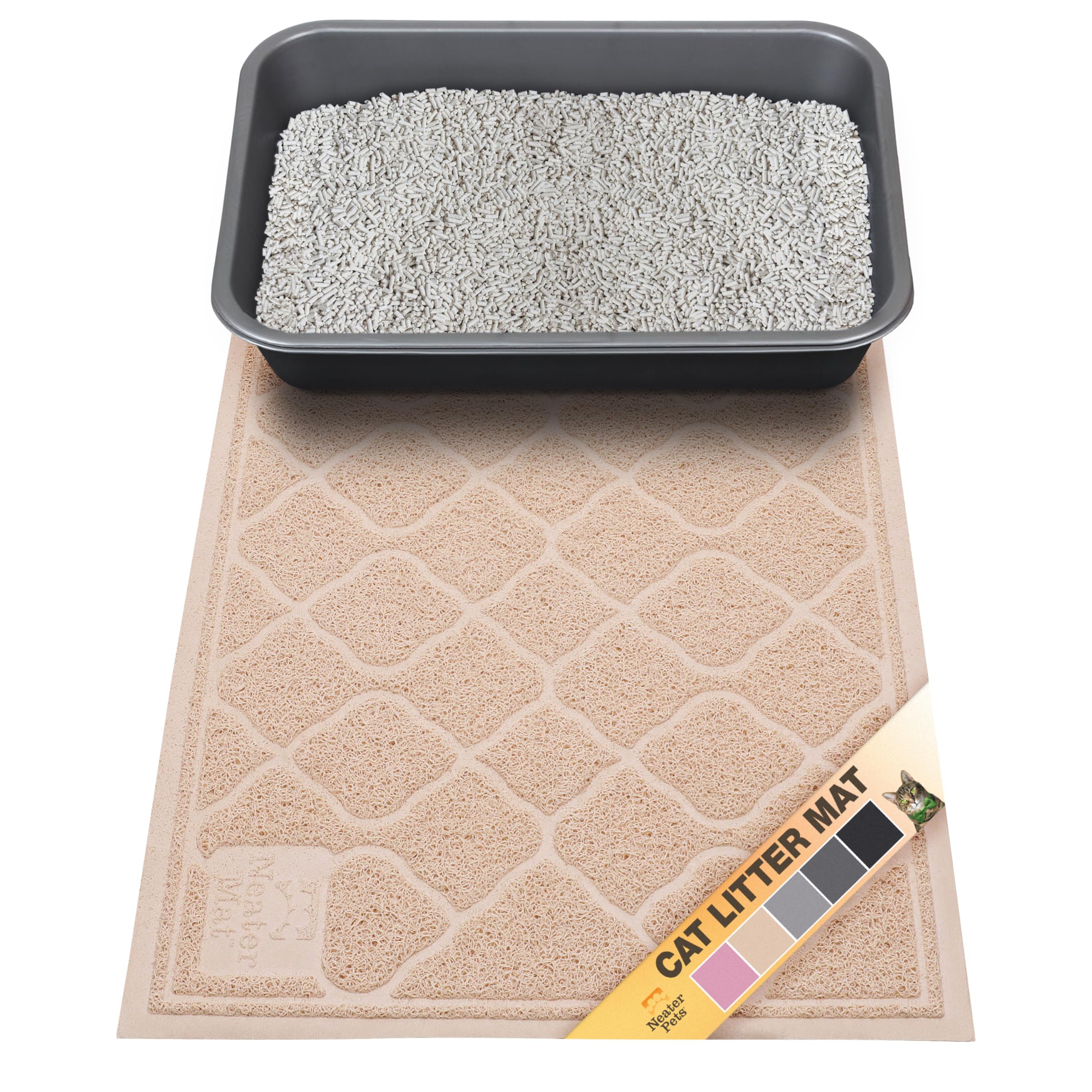Neater Pets Neater Mat front of litter box traps litter and protects floors.