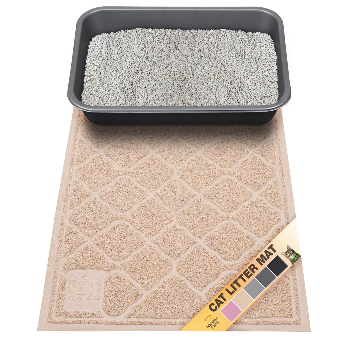 Neater Pets Neater Mat front of litter box traps litter and protects floors.