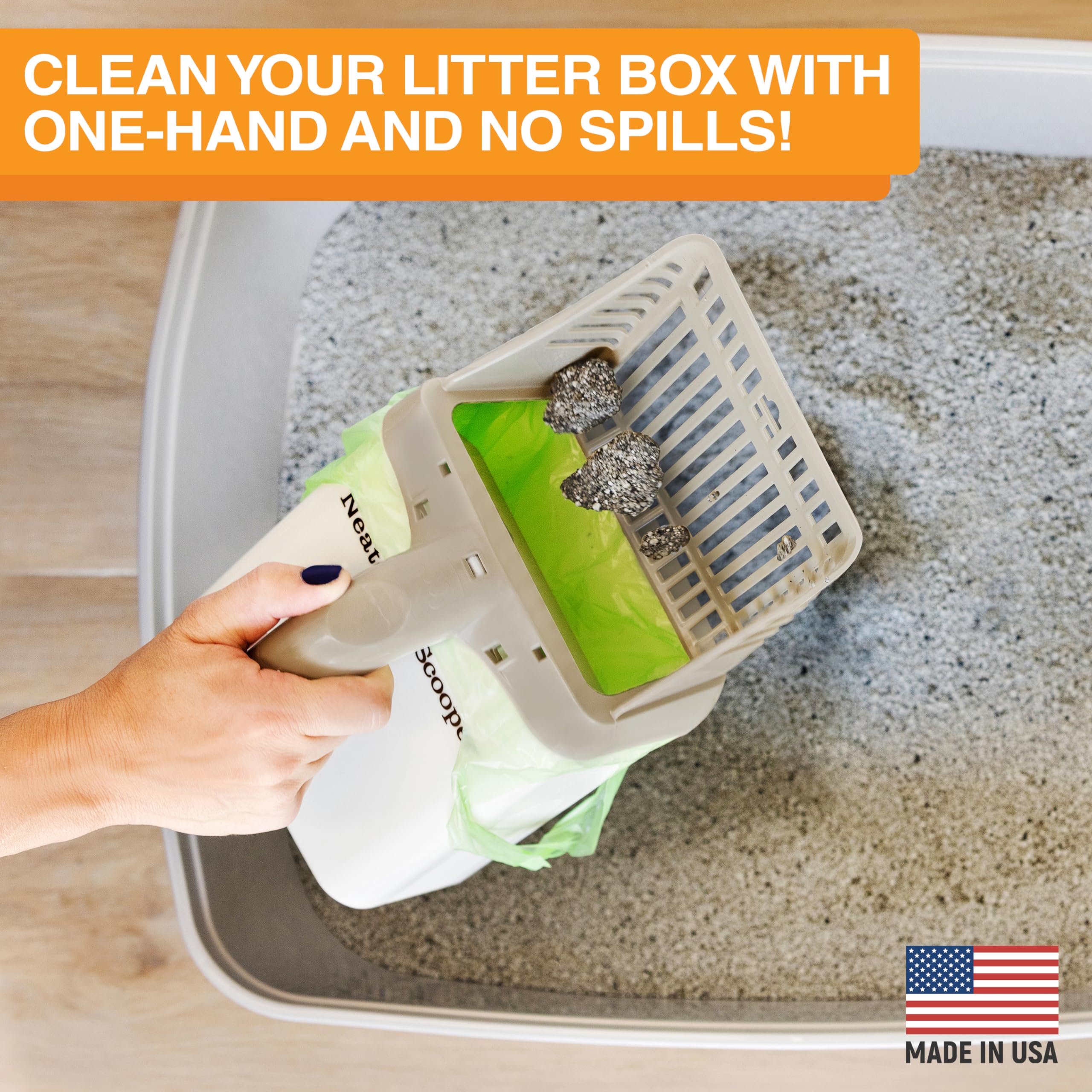 Neater Scooper bin doubles as scoop holder for compact storage.