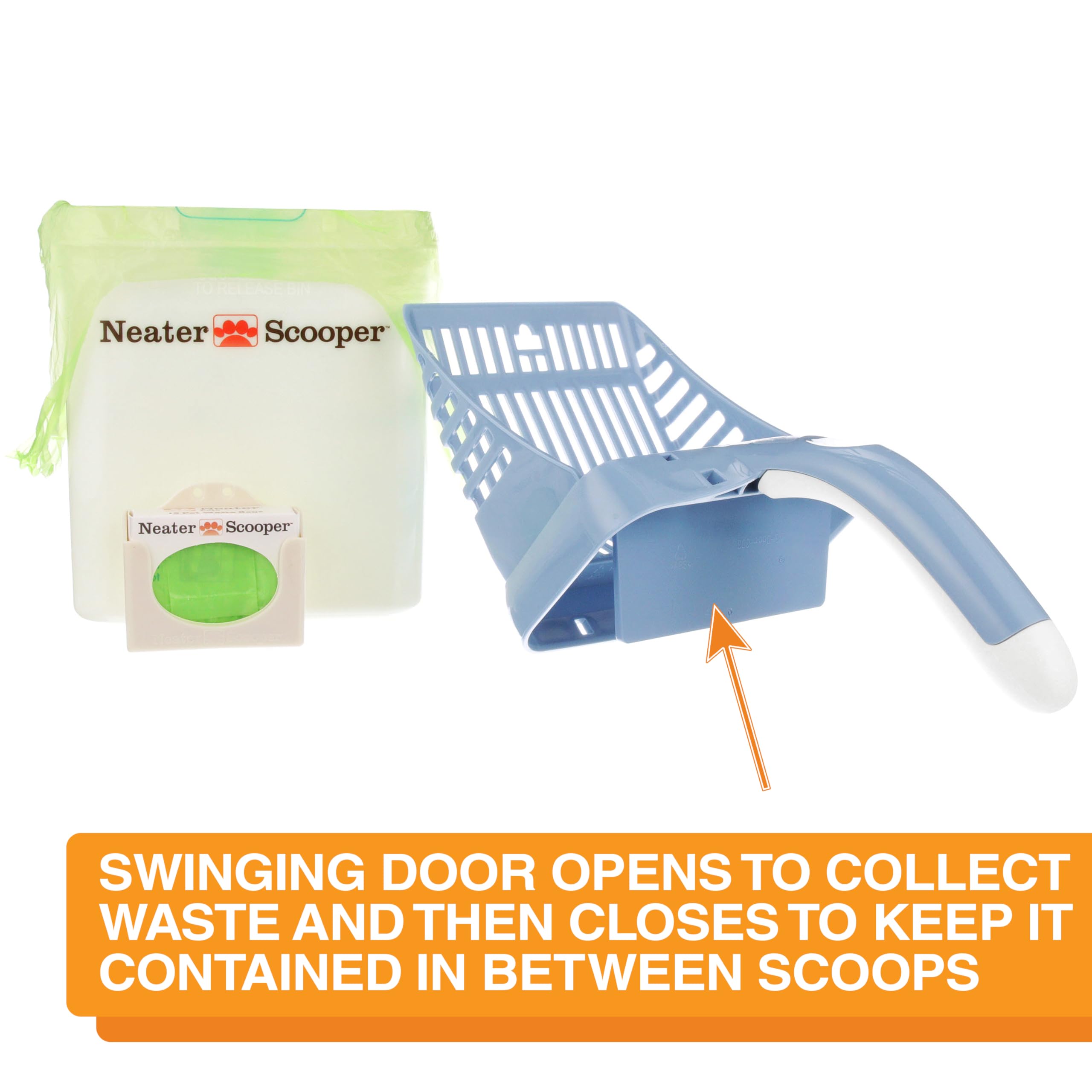 Neater Scooper dispenser attached highlights convenient bag management for quick cleanup