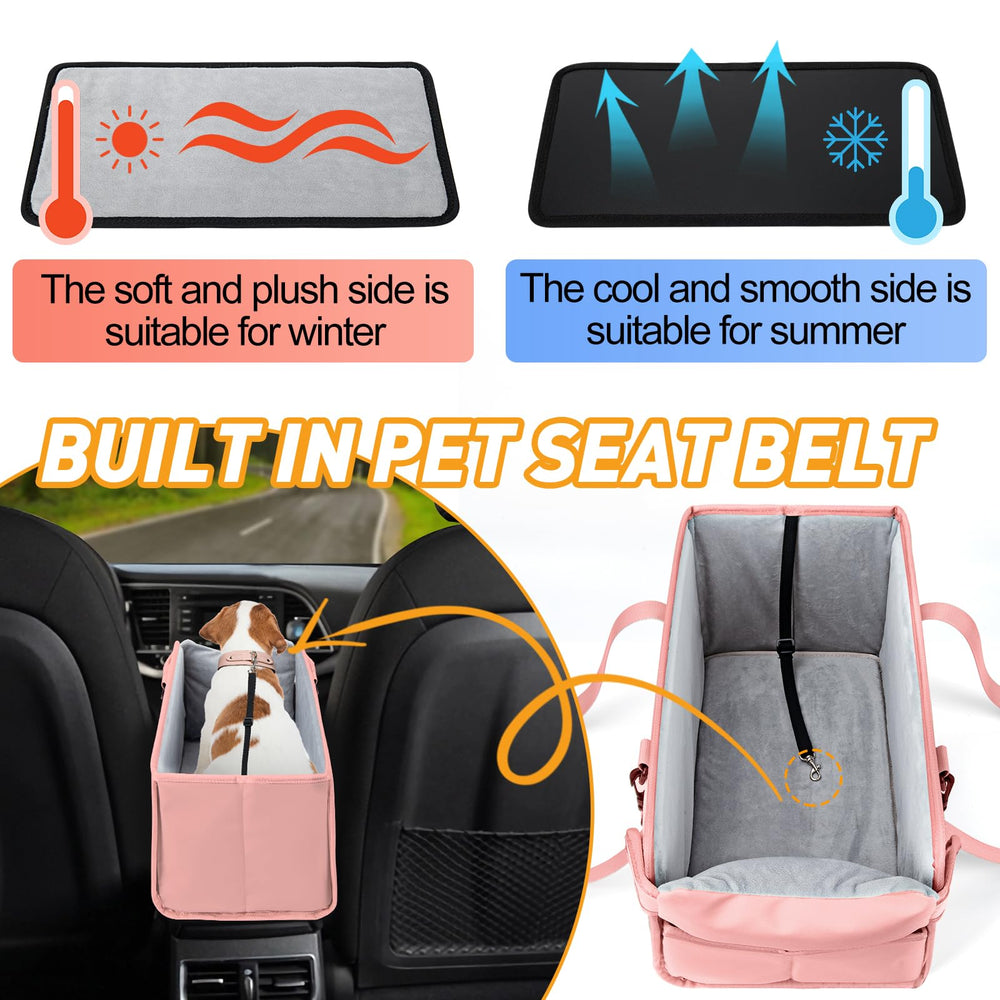 NECKORY pink dog car seat edge wrapped in velvet for gentle comfort.