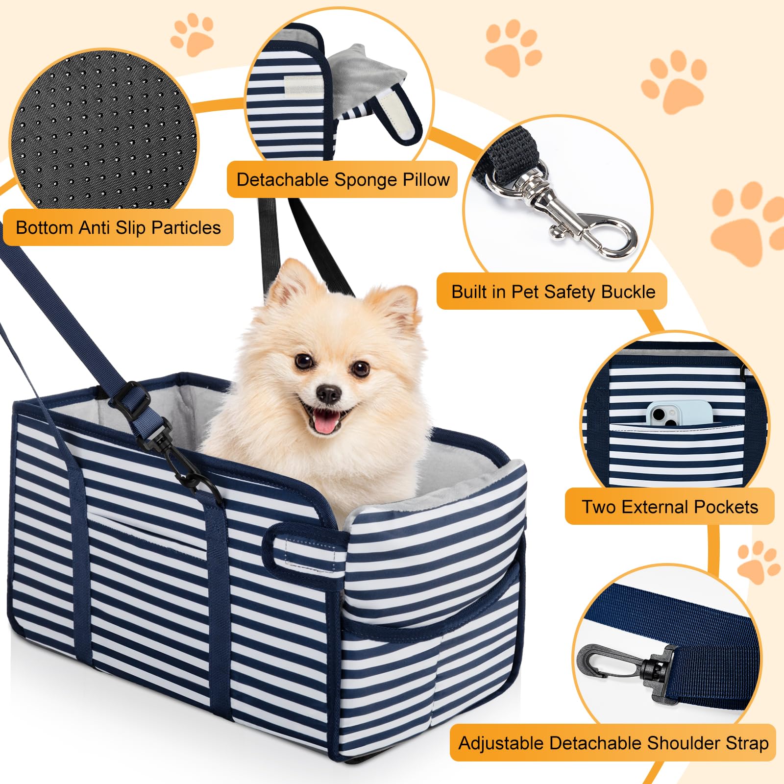 NECKORY portable dog car seat blue stripes bottom straps ensure stable fit