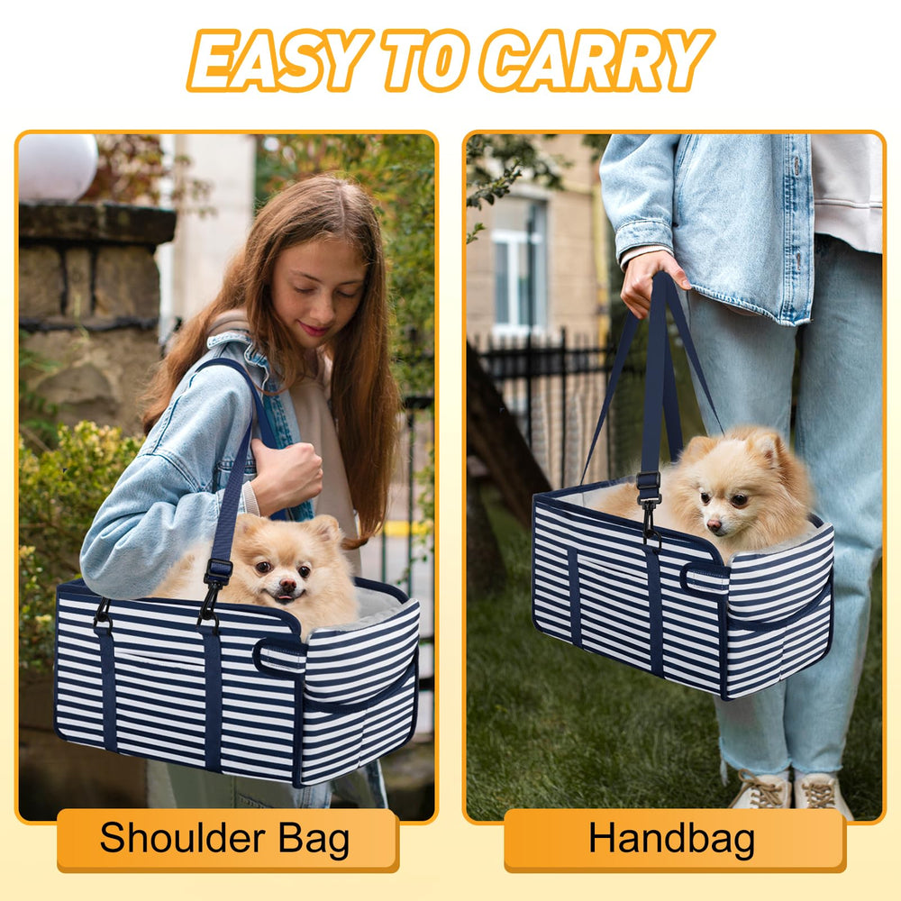NECKORY portable dog car seat blue stripes storage pocket keeps essentials within reach