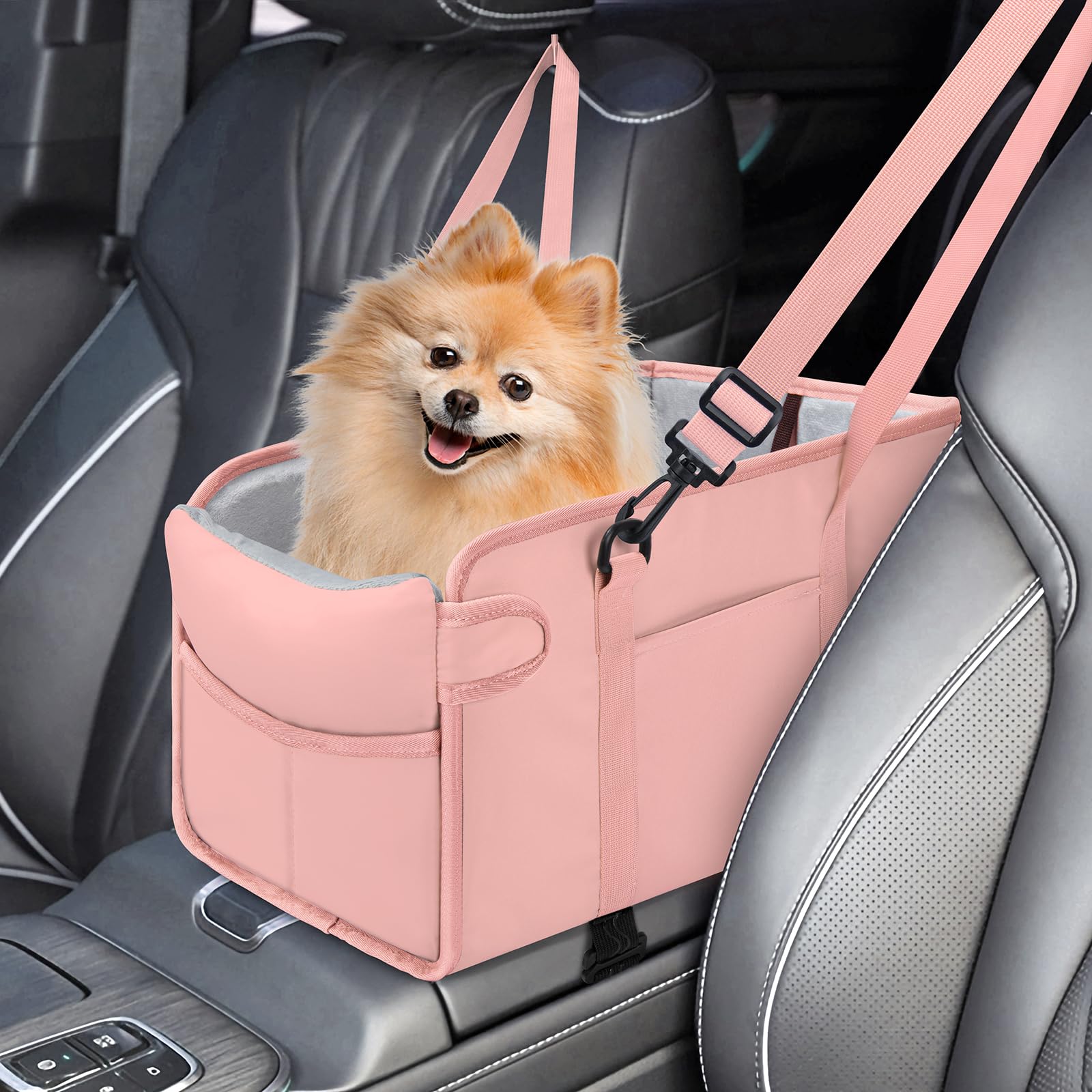 NECKORY portable dog car seat pink front view for safer, comfy car trips.