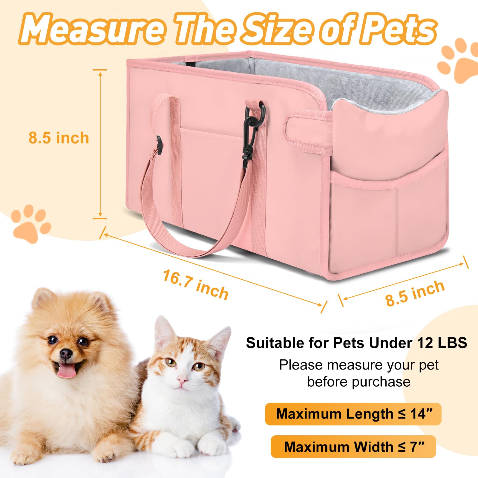NECKORY dog car seat pink side-mount demonstrates secure center-console installation.