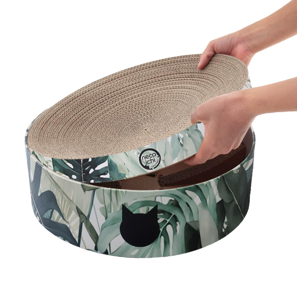 Necoichi cat-scratcher-bowl replacement cozy-lounging view shows comfortable lounging and claw-sculpting use.