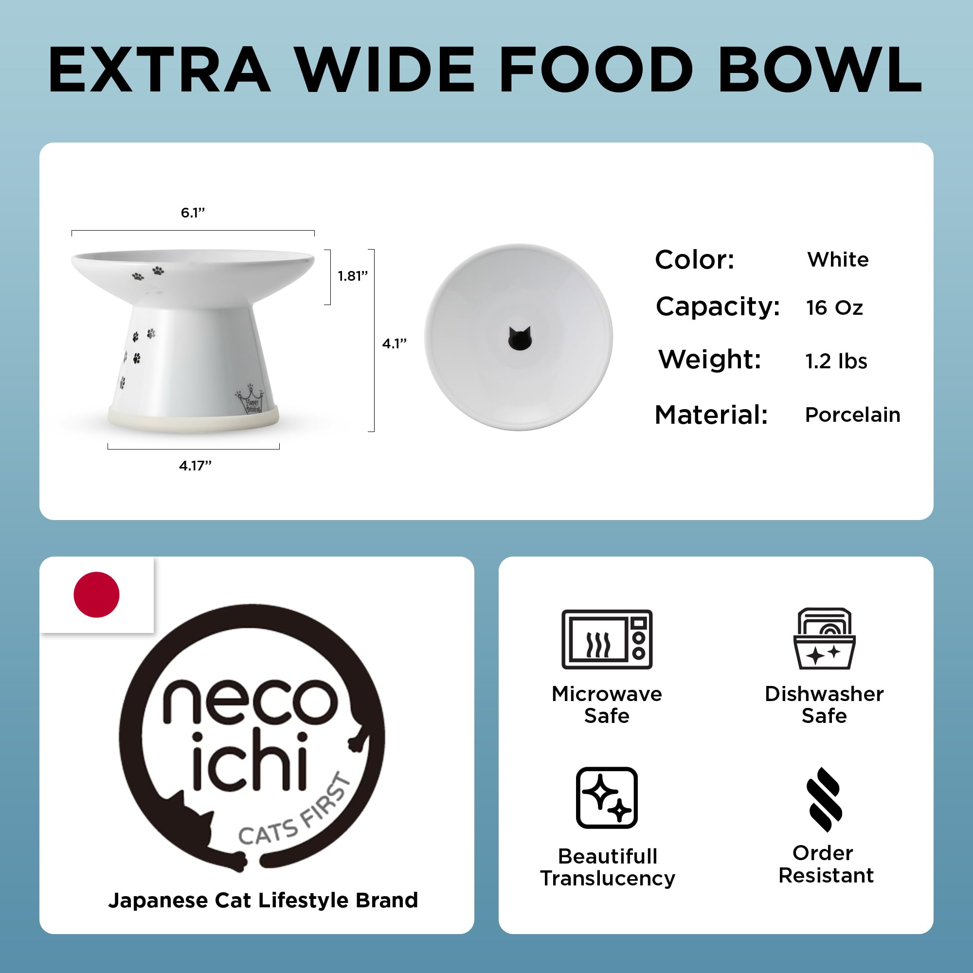 NECOICHI raised cat food bowl is dishwasher-safe porcelain for easy cleaning.