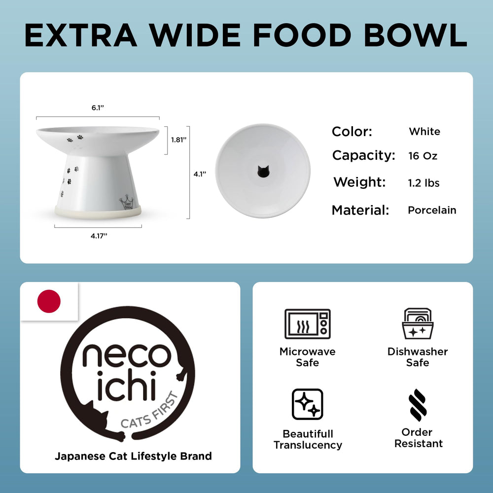 NECOICHI raised cat food bowl is dishwasher-safe porcelain for easy cleaning.