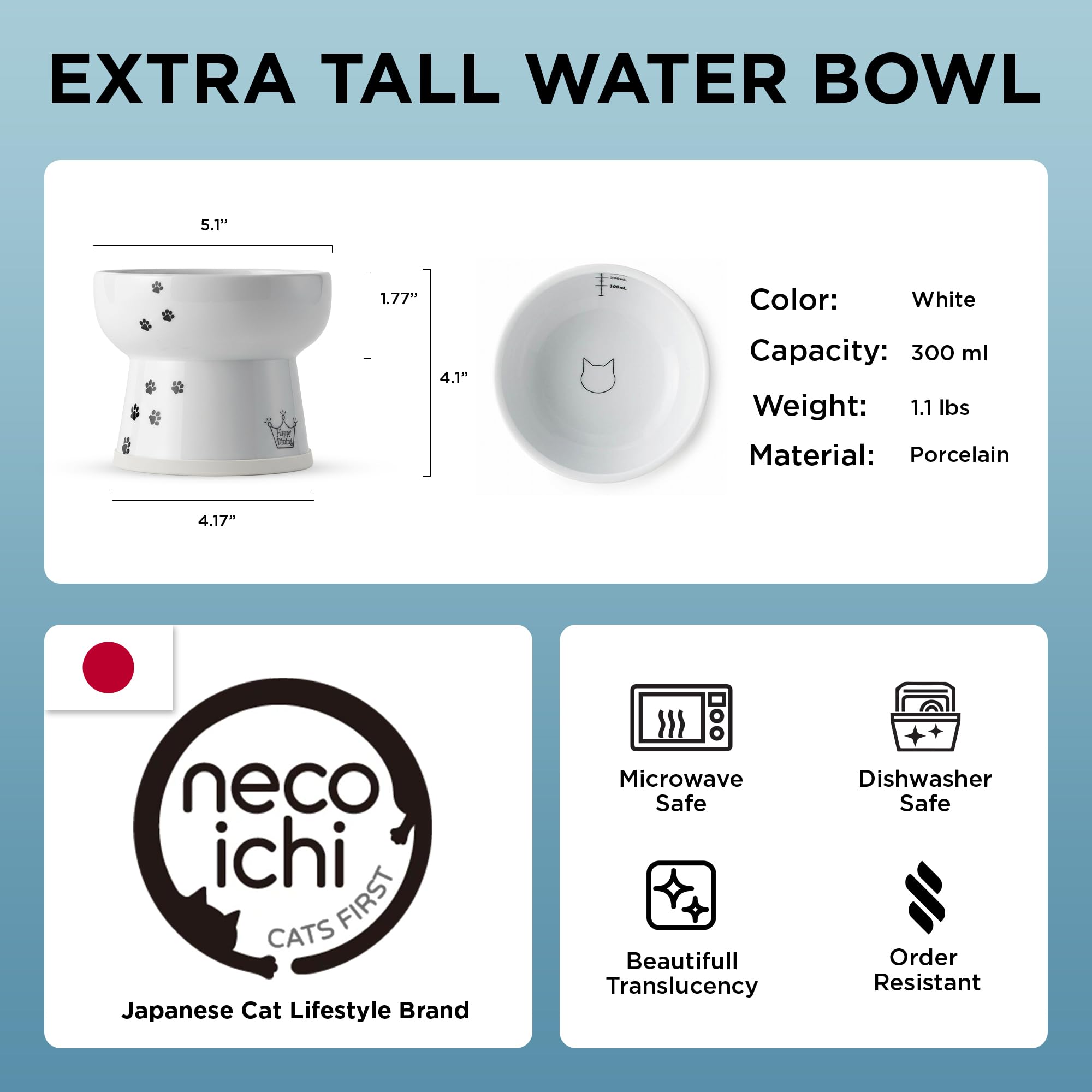 NECOICHI raised cat water bowl porcelain-construction provides a safe, easy-to-clean option