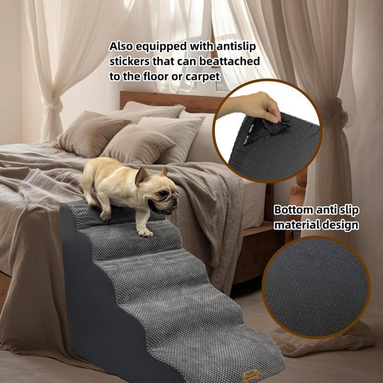 Necrely 5-Step Dog Stairs non-slip base keeps stairs securely in place.