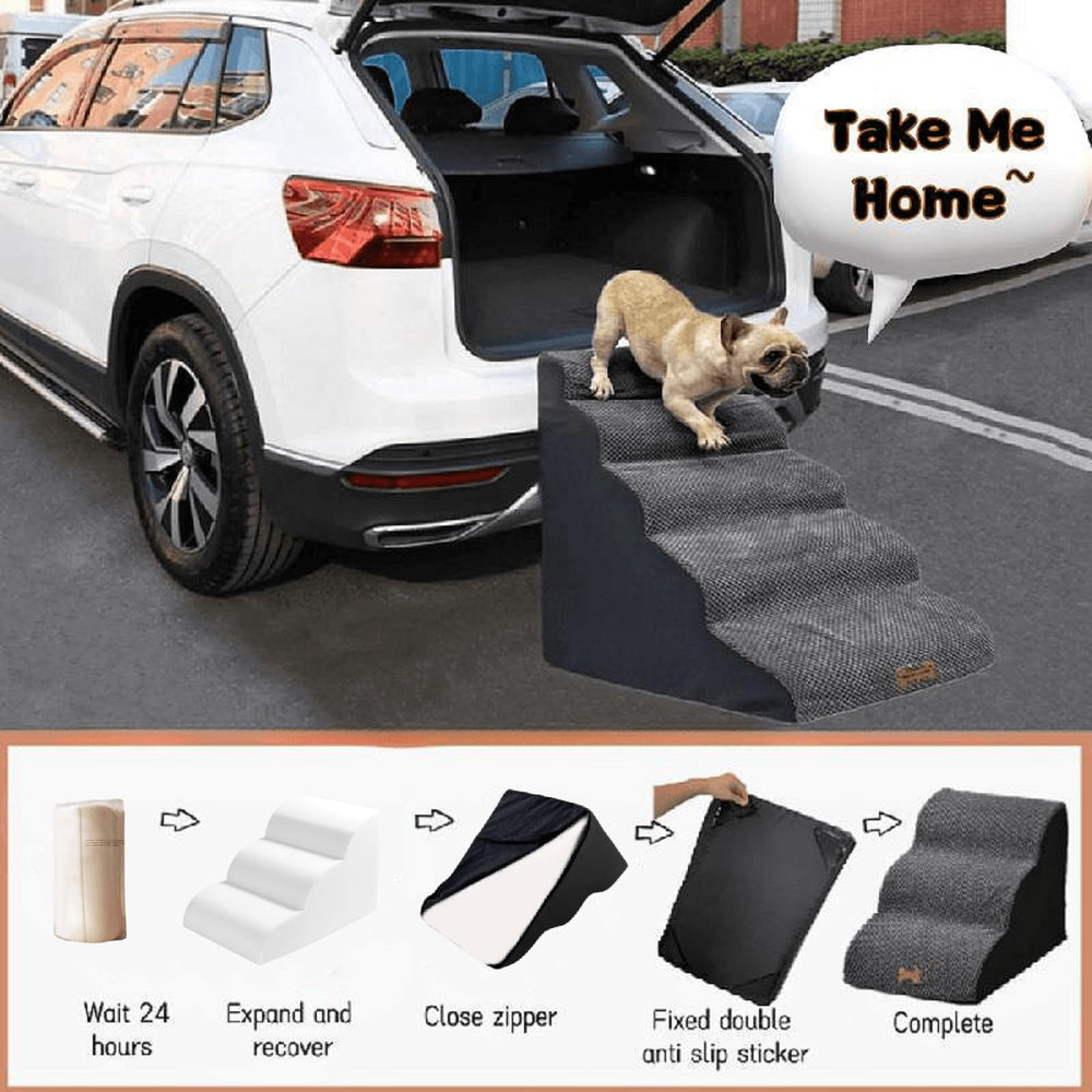 Necrely 5-Step Dog Stairs in-use on bed demonstrates simple pet access.