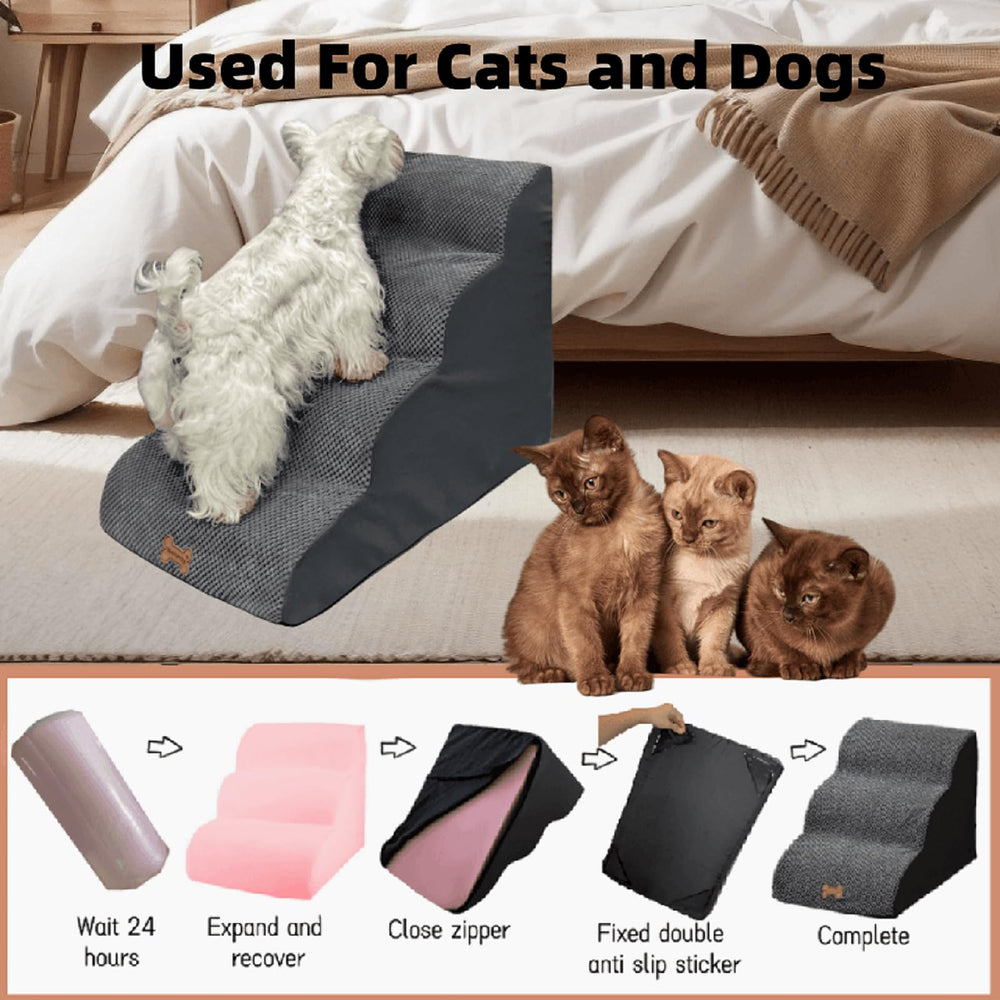 Necrely 5-Step Dog Stairs expands after unpacking to full size.