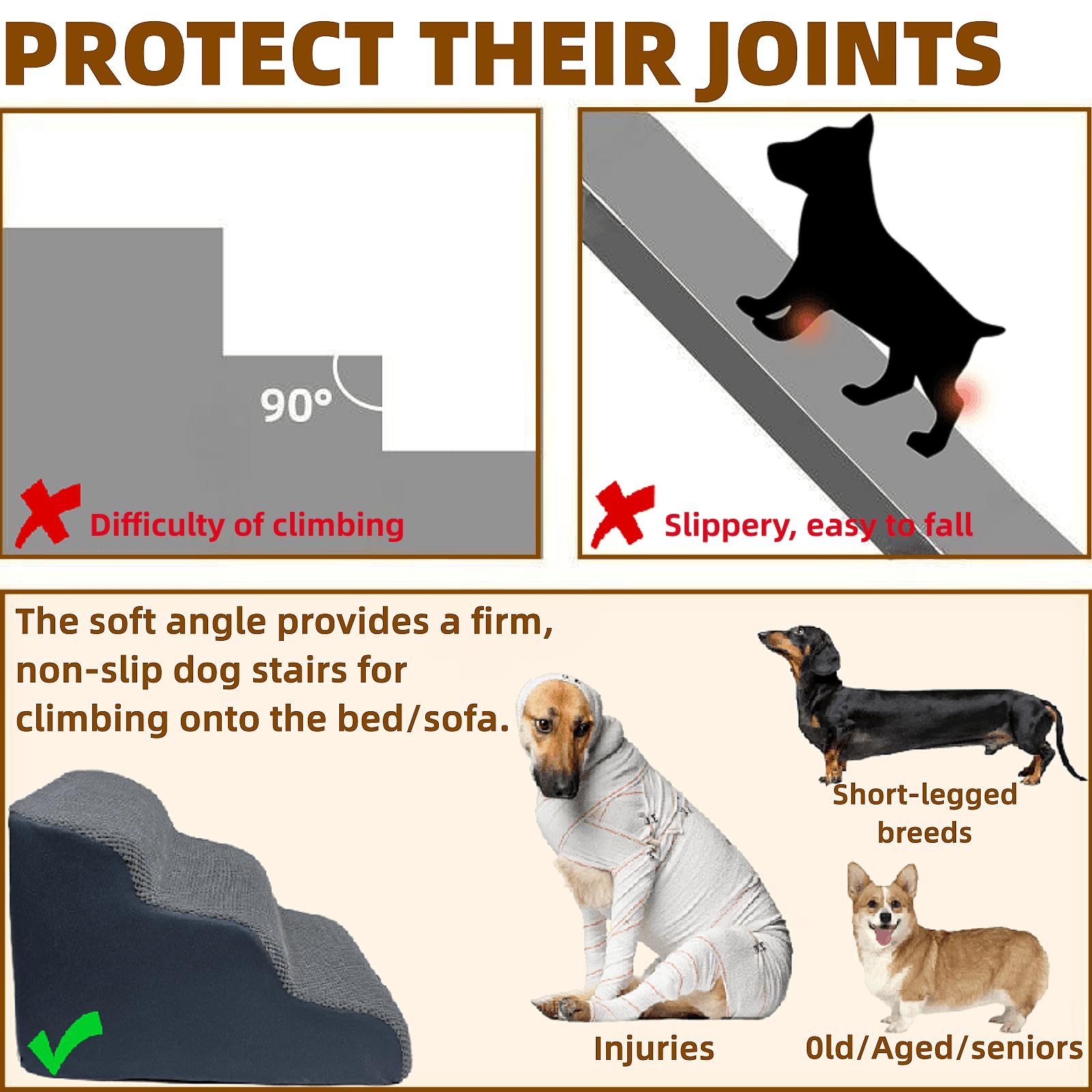 Necrely 5-Step Dog Stairs side profile highlights curved design for easy ascent.
