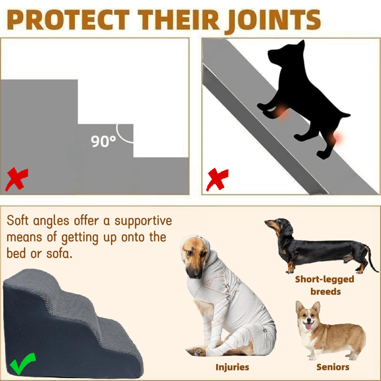 Necrely dog stairs anti-slip foam base keeps stairs stable on beds