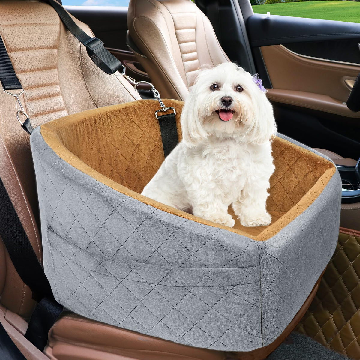NEEZUKAR dog car seat front view showing secure booster for safe road trips
