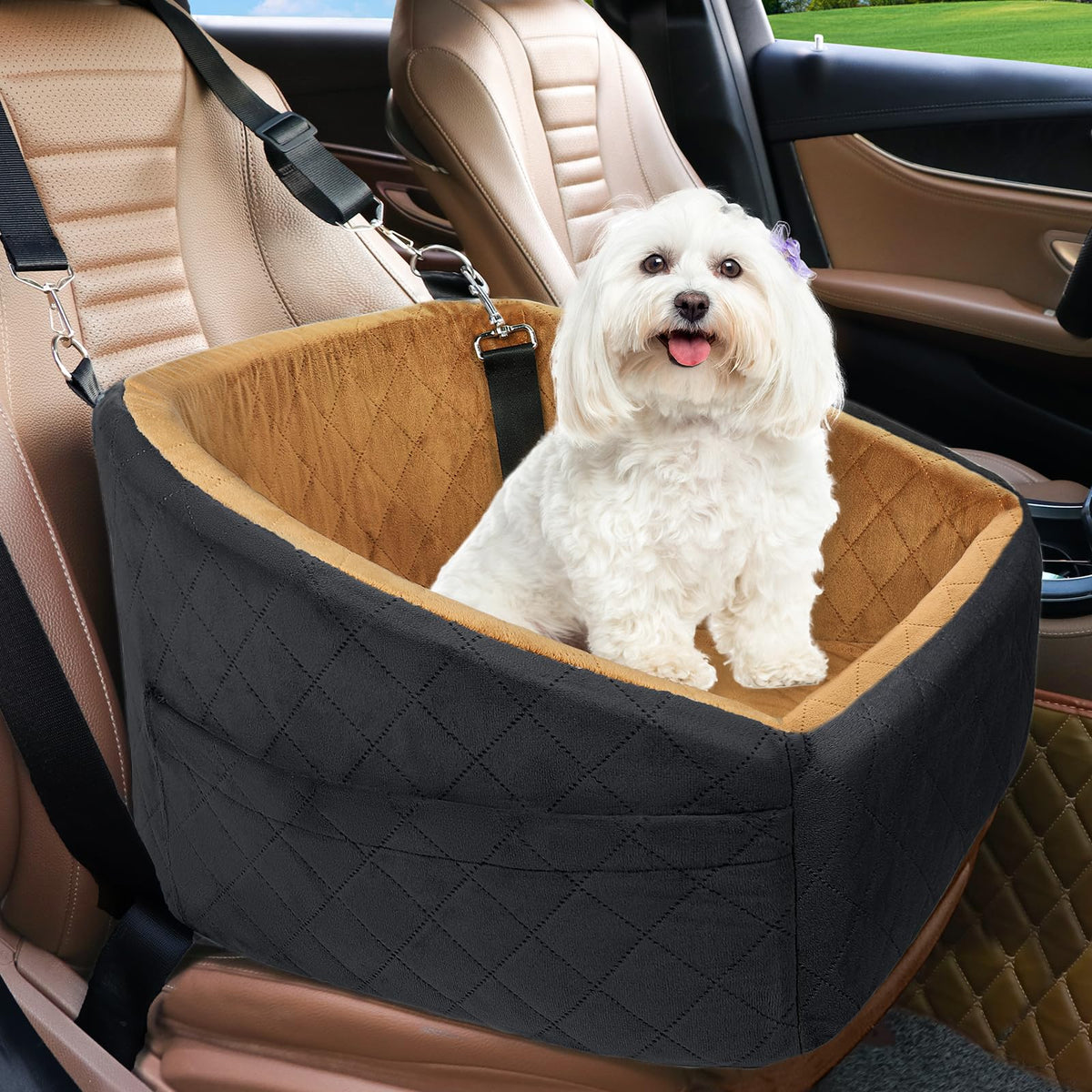 NEEZUKAR dog car seat front view showing secure belt attachment for safe travels