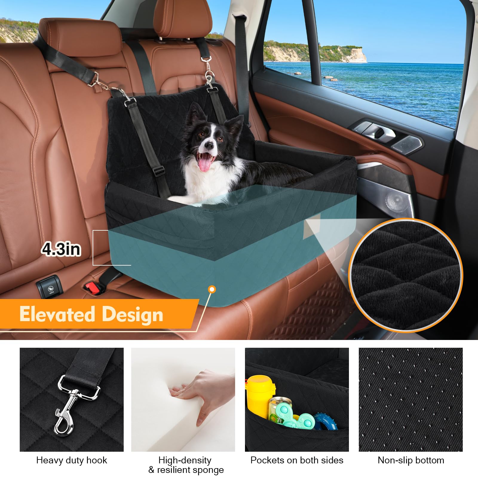NEEZUKAR dog car seat inside view highlights booster height