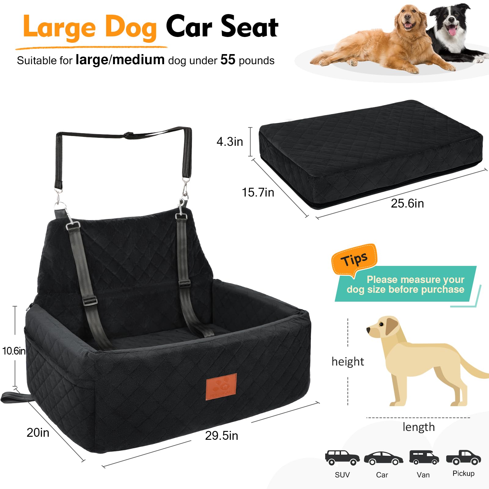 NEEZUKAR dog car seat large side view demonstrates secure fit