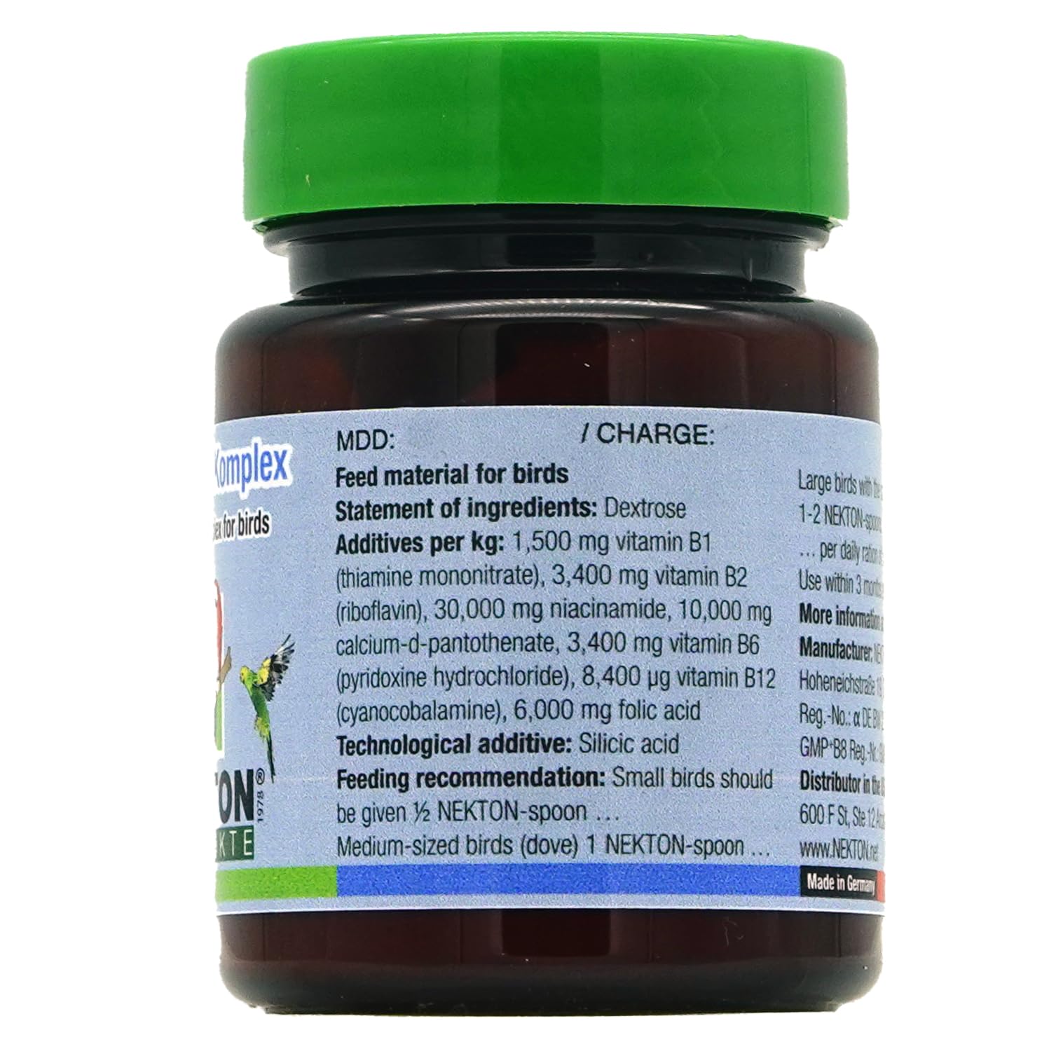 Nekton B-Komplex bottle close-up highlights convenient bird supplement for regular use.