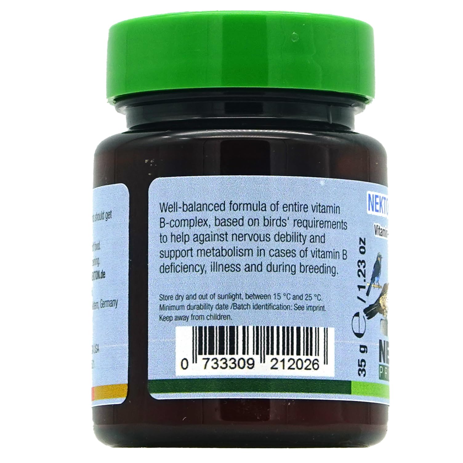 Nekton B-Komplex label close-up confirms the product for bird health support.