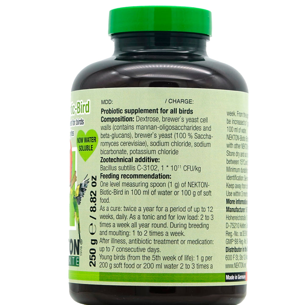 Nekton Biotic Bird Probiotic scoop beside bottle; convenient feeding prep.