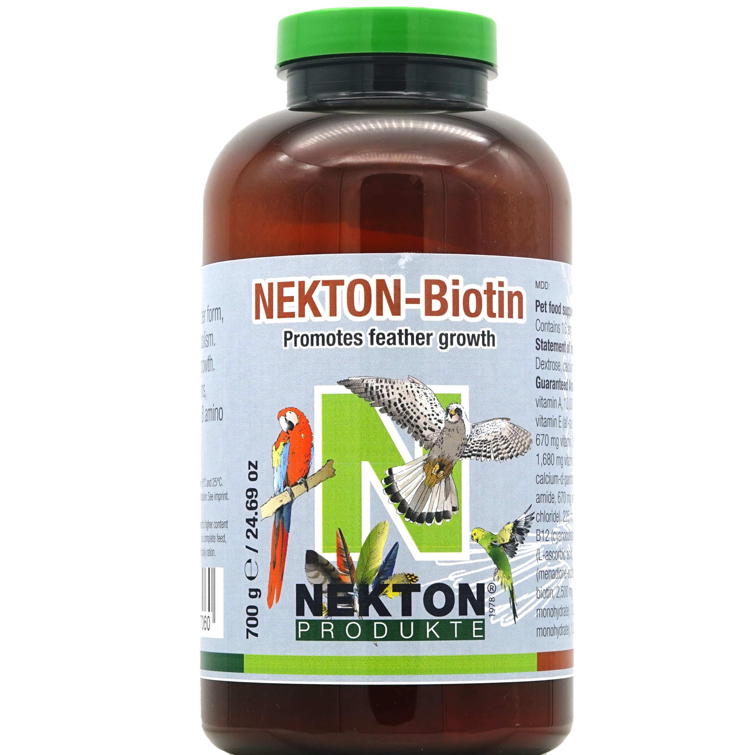 Nekton Biotin bottle closeup showing fruit-based formula for feather quality.