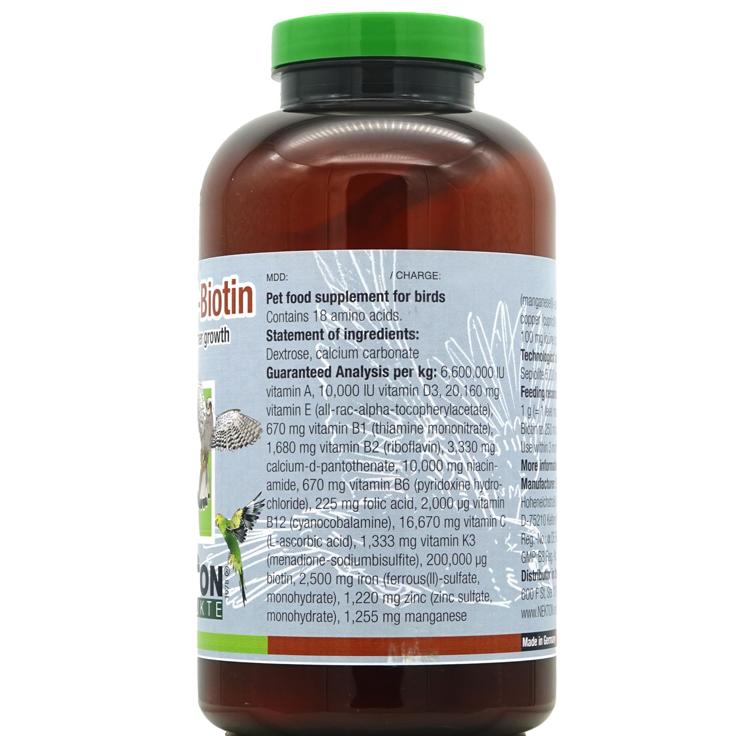 Nekton Biotin for birds during molt image highlights plumage support potential.