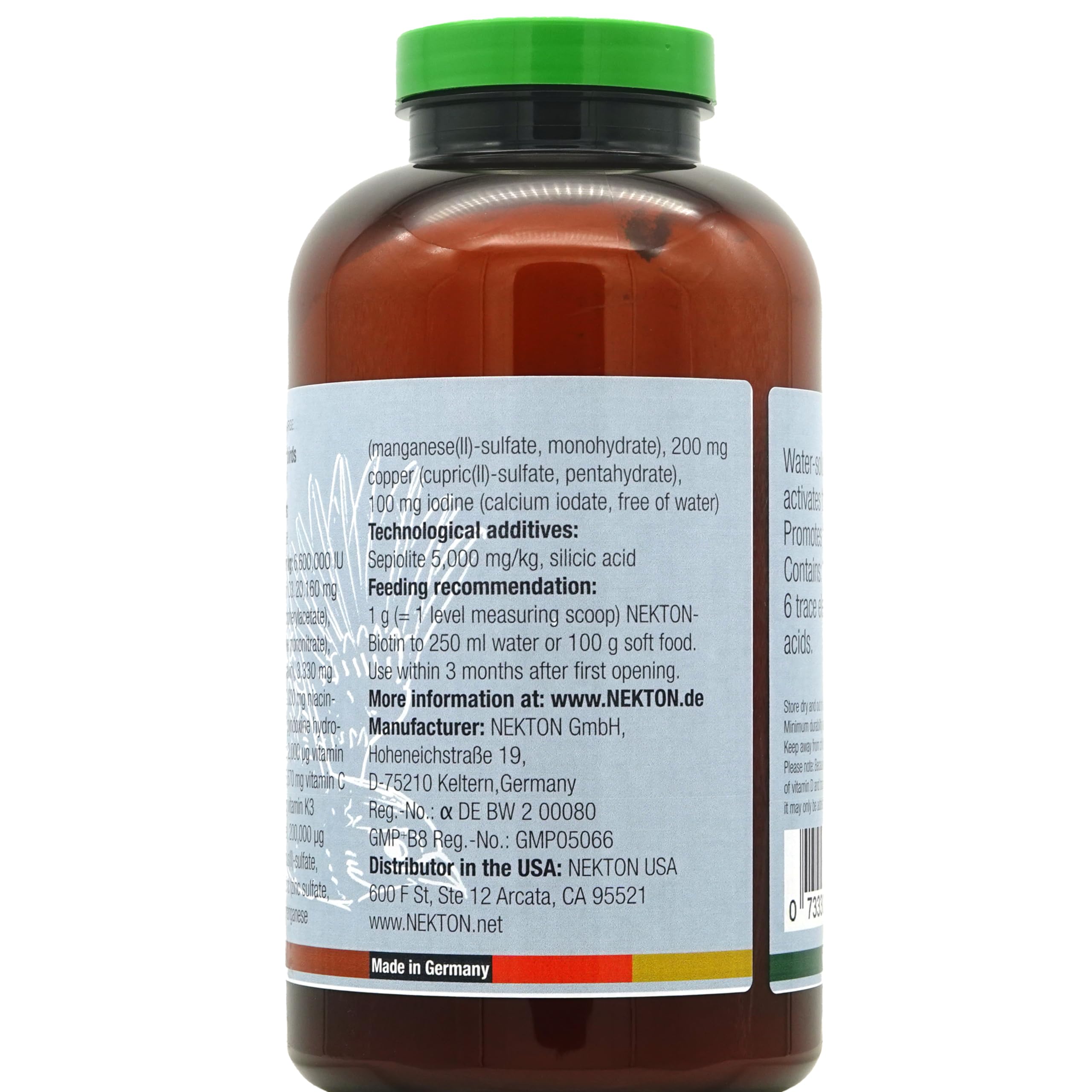 Nekton Biotin supplement jar image, feather-care option for birds.