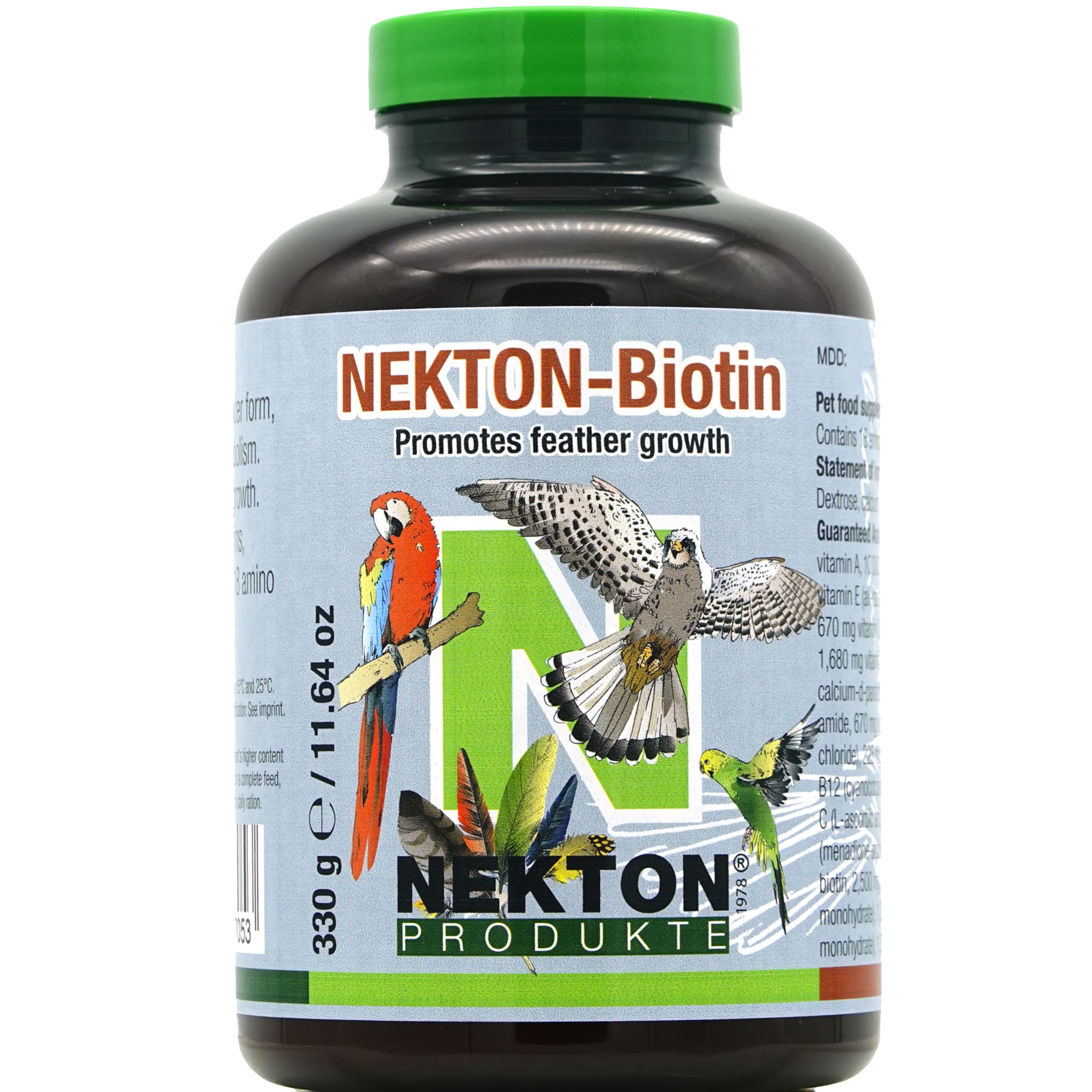 Nekton Biotin bottle with label, promoting strong plumage growth during molt.