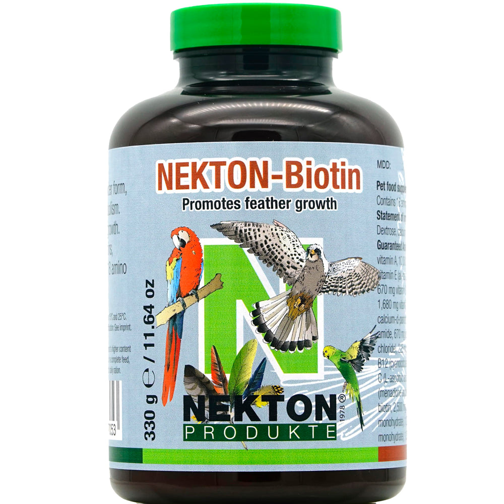 Nekton Biotin bottle with label, promoting strong plumage growth during molt.